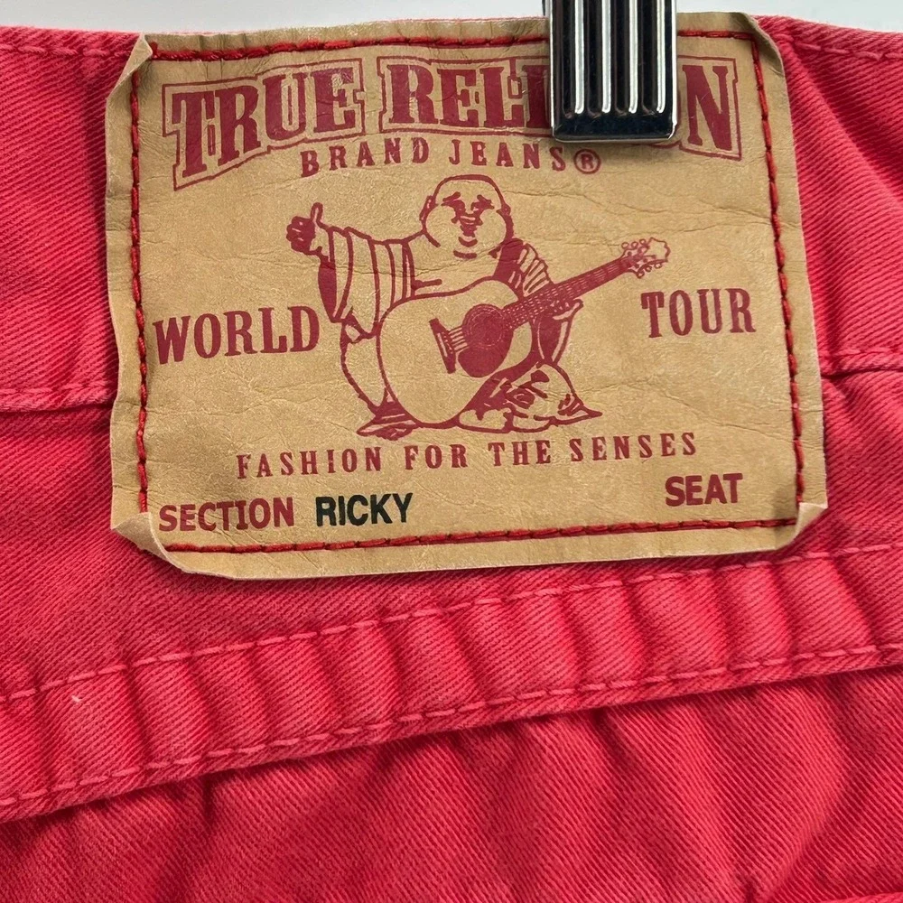 True Religion Ricky Big T Flap Straight Leg RARE Red Jeans Mens 36x34Tour Buddha